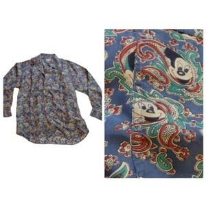 Awesome Vintage 100% silk Mickey Mouse Paisley shirt So 70s! Blue green size S